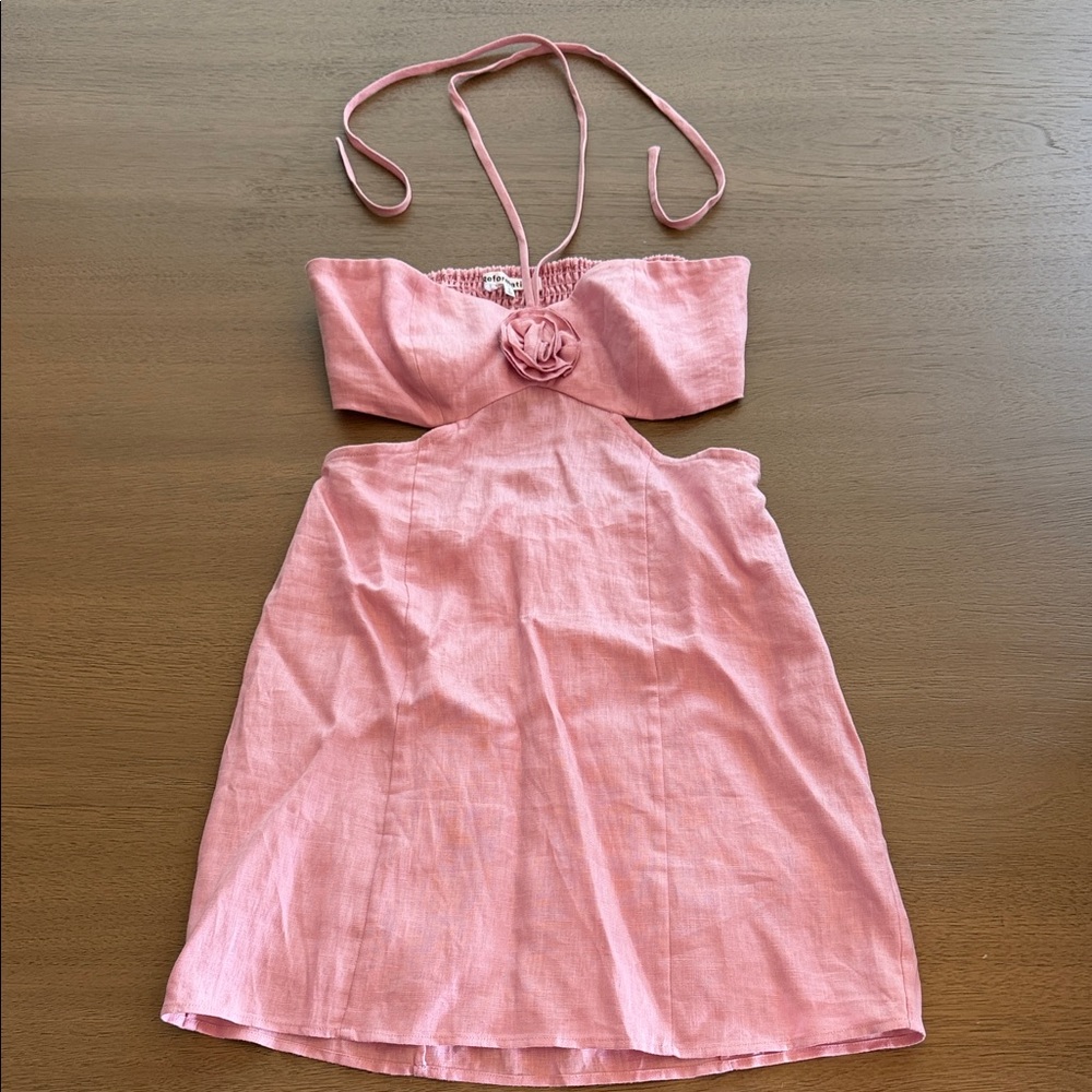 Reformation Linen Rose Pink Halter Cutout Dress with Rosette (6)